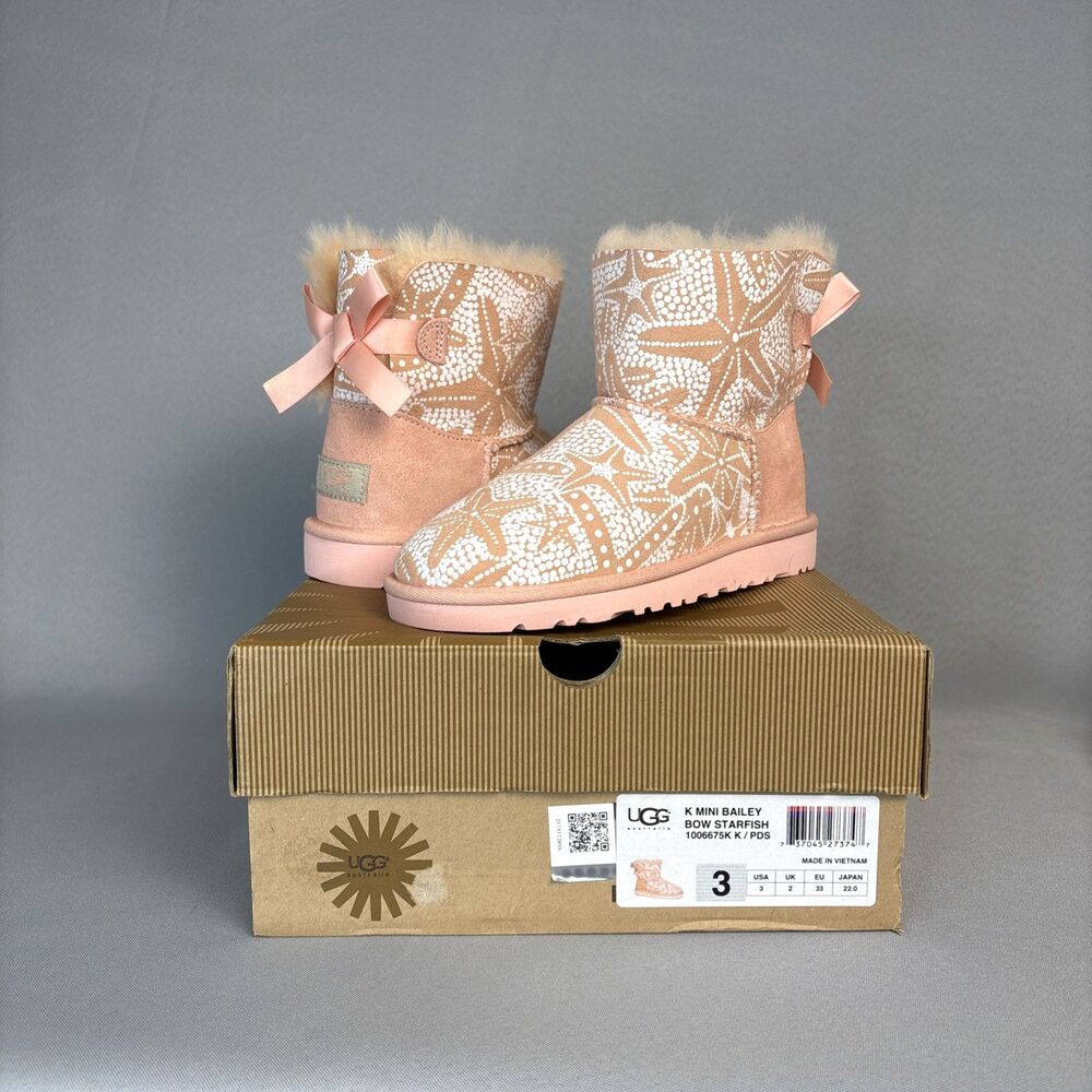 Girls Sz 3 UGG Boots Bailey Bow PDS Light Pink Peach Suede Wool Fast Shipping